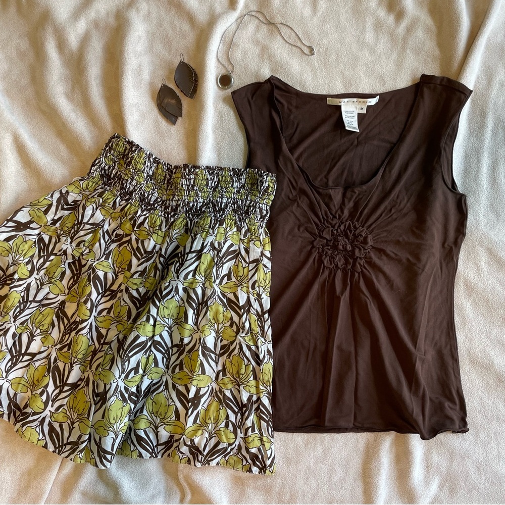 Max Studio Chocolate Brown Top with soft green floral skirt